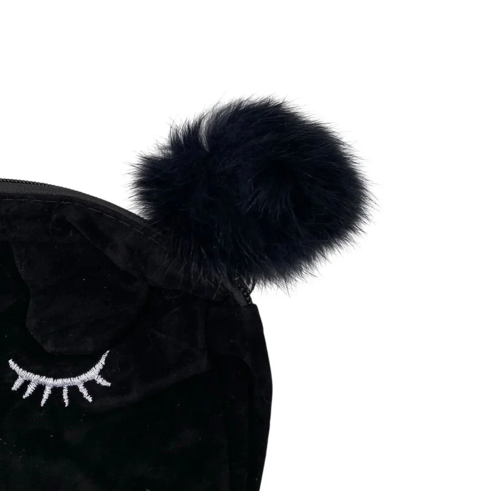 Black Velvet‎ Cosmetic Pouch With Embroidered Eyelash Design & Fluffy Pom Pom